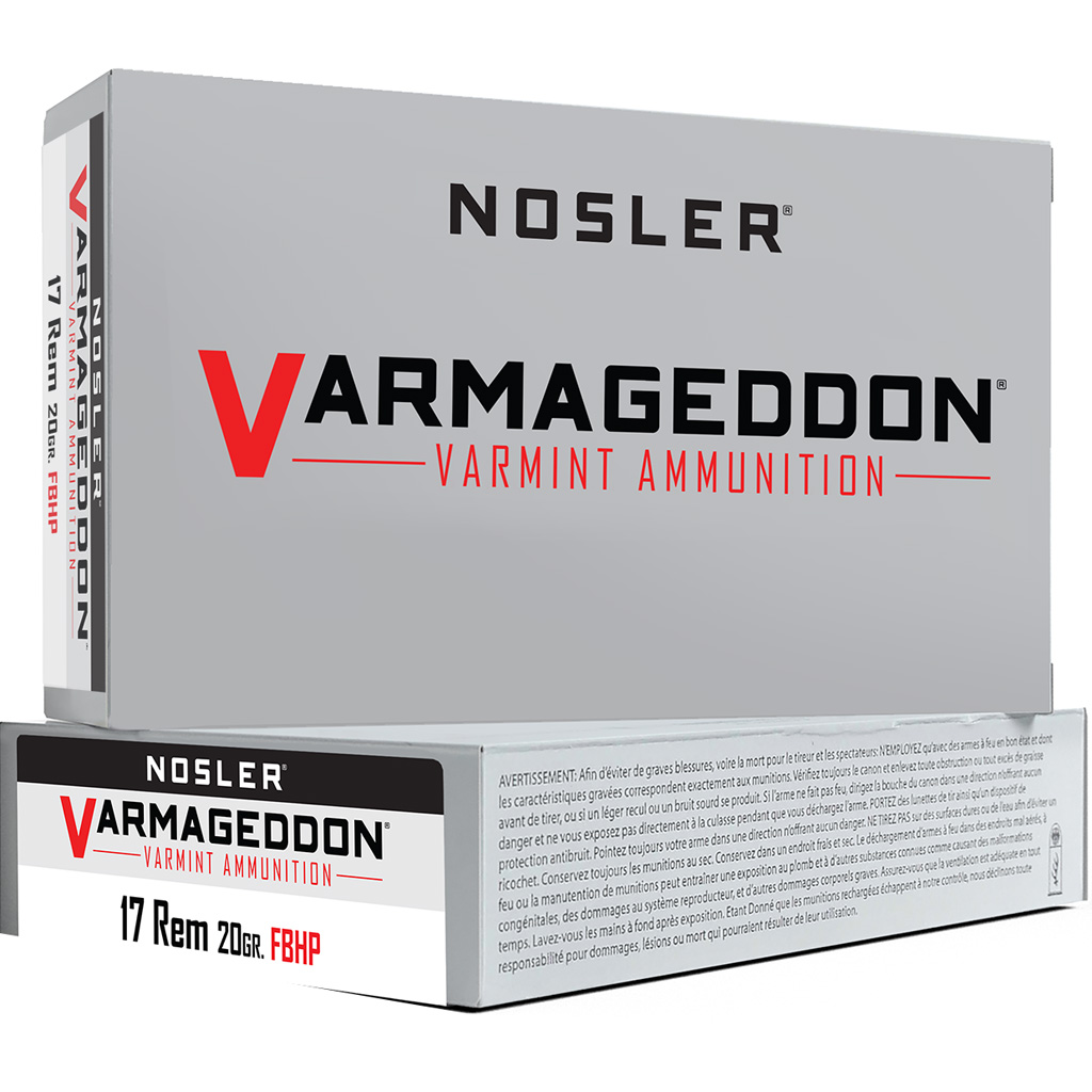 Nosler Varmageddon Rifle Ammunition - .17 Rem, 20 gr HPFB (Flat Base Hollow Point), 20 Rounds