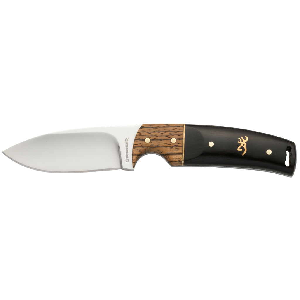 Browning Buckmark Hunter Fixed Drop Point Knife Two-Tone Wood with Leather Sheath