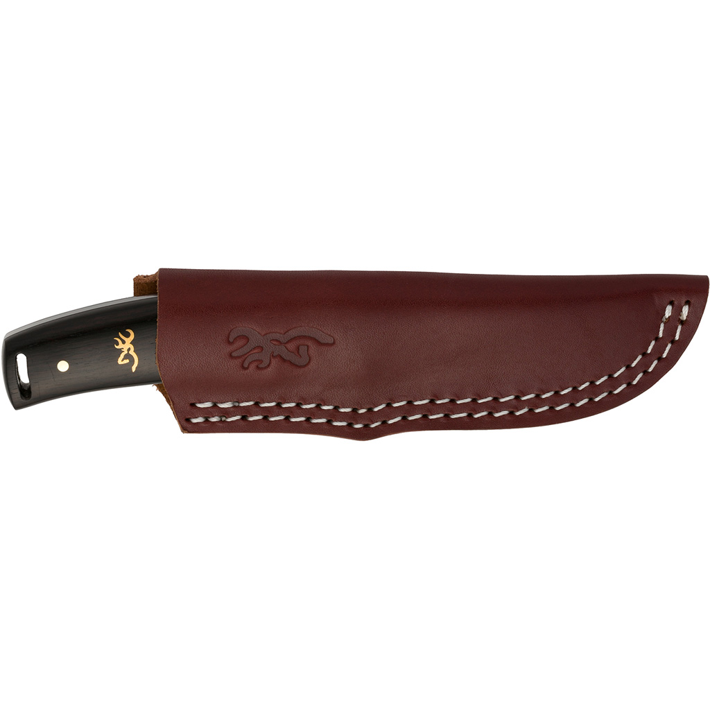 Browning Buckmark Hunter Fixed Drop Point Knife Two-Tone Wood with Leather Sheath