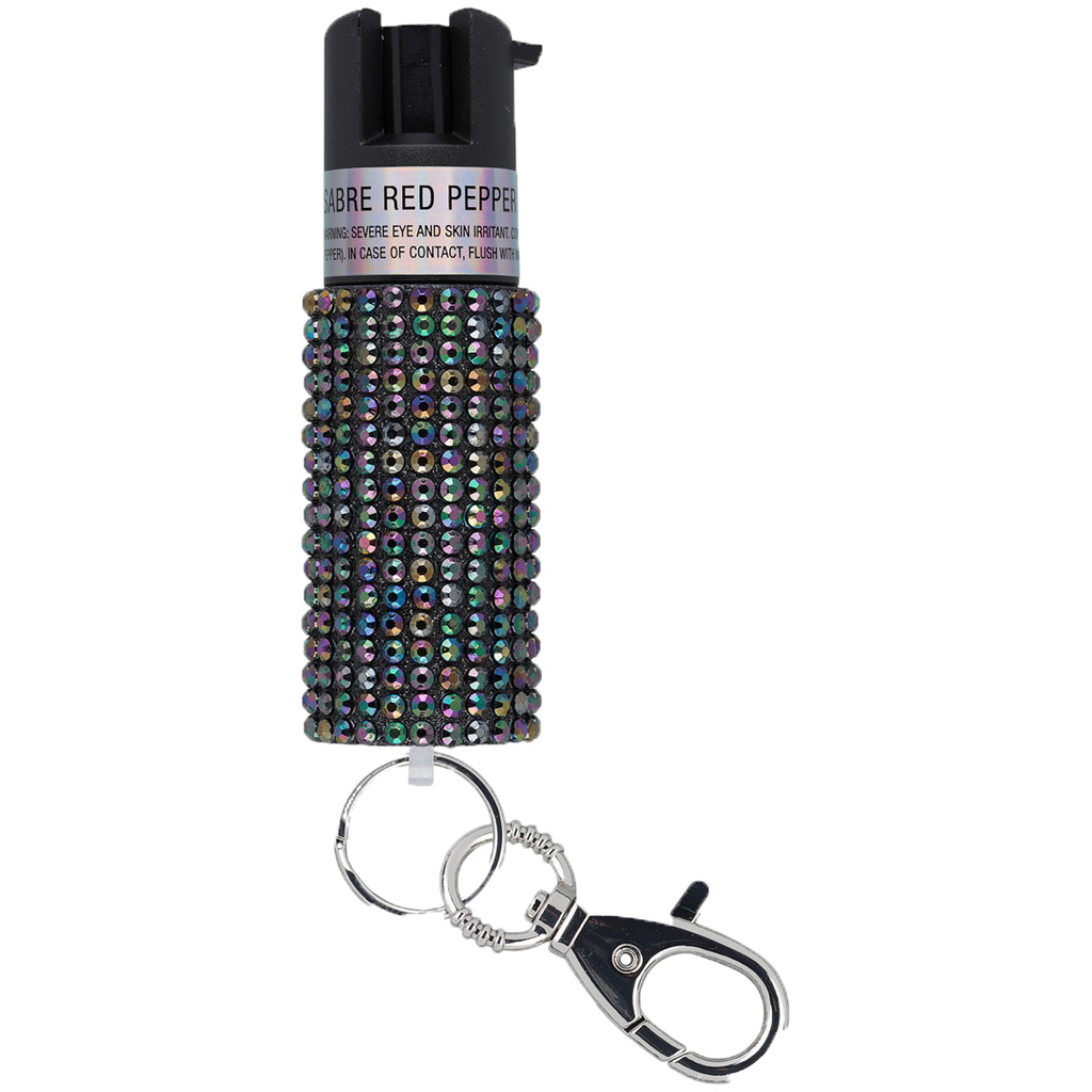 Sabre Jeweled Pepper Spray; Snap Clip & Key Ring (Black)