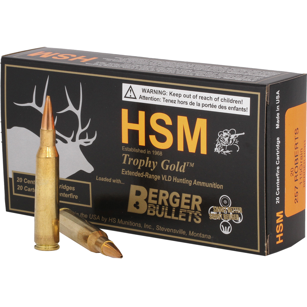 HSM Trophy Gold .257 Roberts 115gr Berger VLD Rifle Ammunition (20 Rounds)