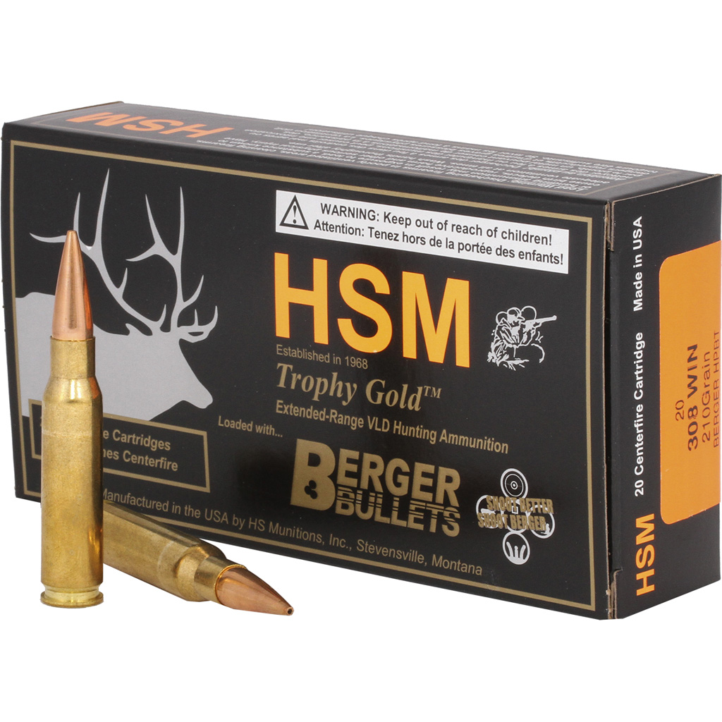 HSM Trophy Gold 308 Win 210gr Berger Hunting VLD Match Rifle Ammunition (20 Rounds)