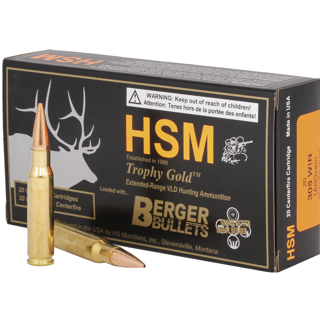 HSM Trophy Gold 308 Win 168 gr Berger VLD Match Hunting Rifle Ammunition (20 rds)