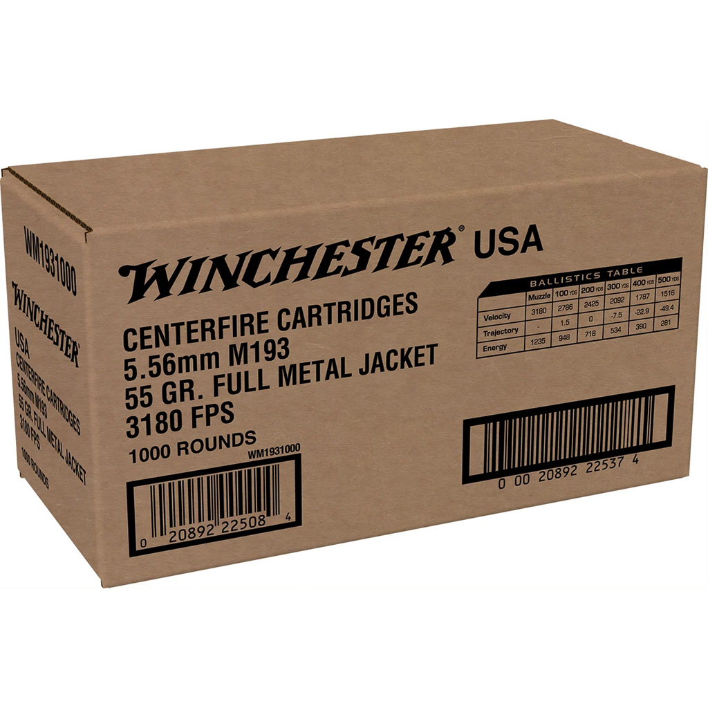 Winchester USA Lake City M193 5.56 NATO FMJ Rifle Ammo - 55 gr (1000rd)