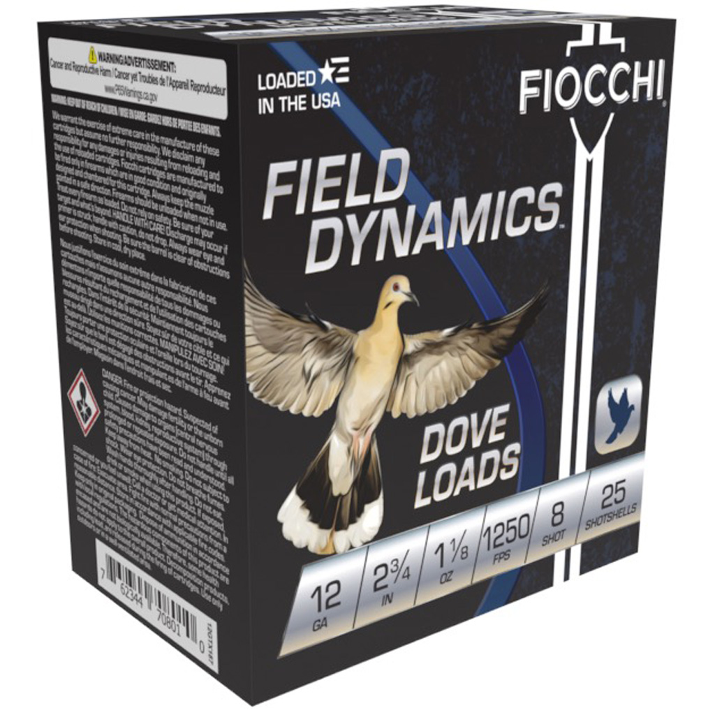 Fiocchi Field Dynamics Dove & Quail 12 Gauge 2-3/4" Shotshells, #8 Lead Shot, 25 Rounds