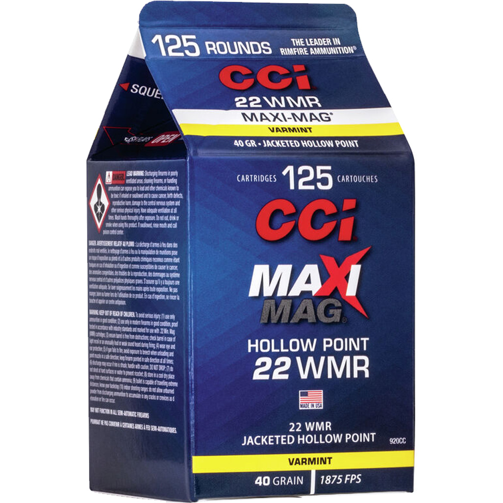 CCI Maxi-Mag .22 WMR 40 Grain JHP Rimfire Ammunition (125 Rounds)
