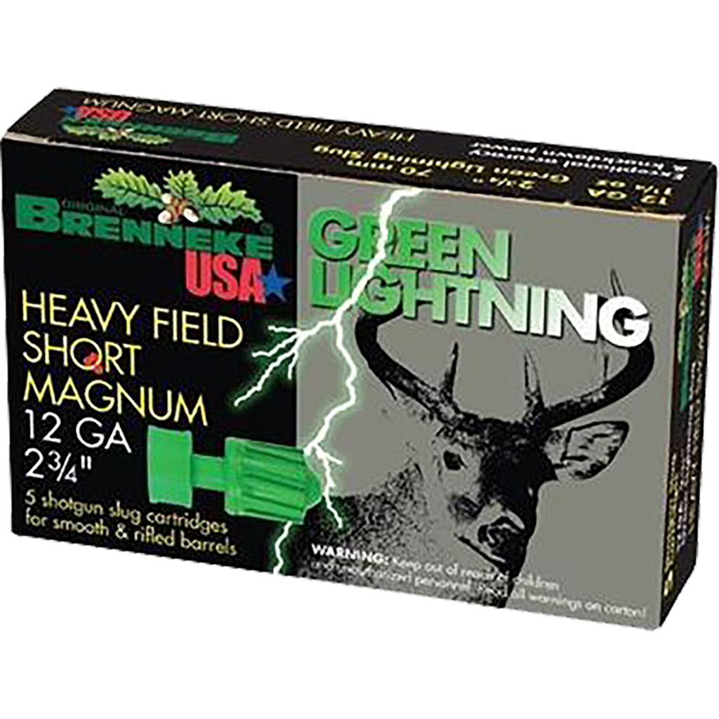 Brenneke Green Lightning Heavy Field Short Magnum 12 Gauge Slugs (2-3/4"), 5 Rounds